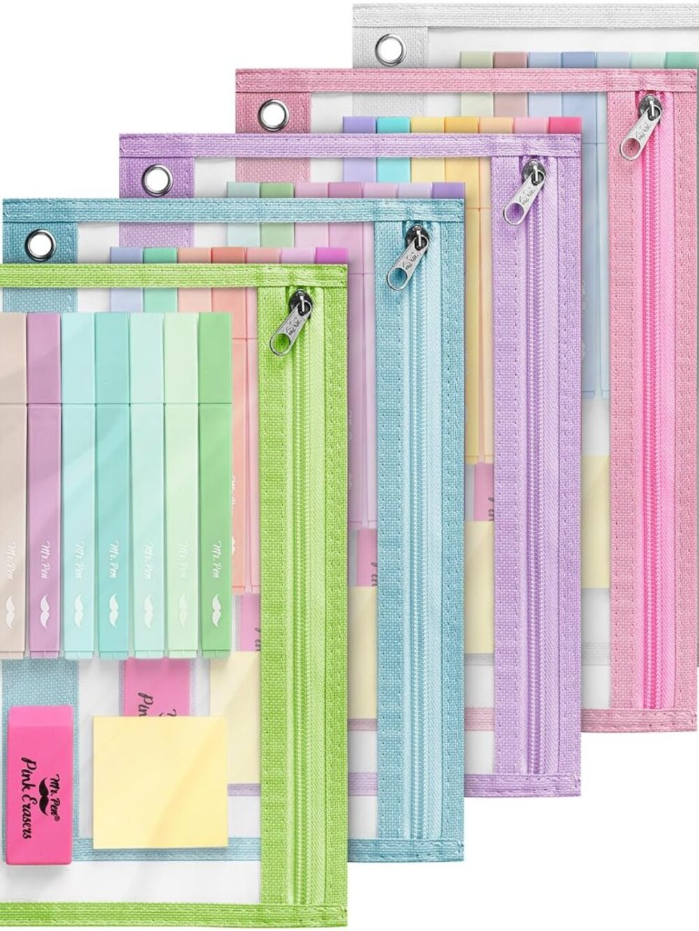 Pencil Pouch for 3 Ring Binder, 5 Pack, 10"x7", Smooth Zipper